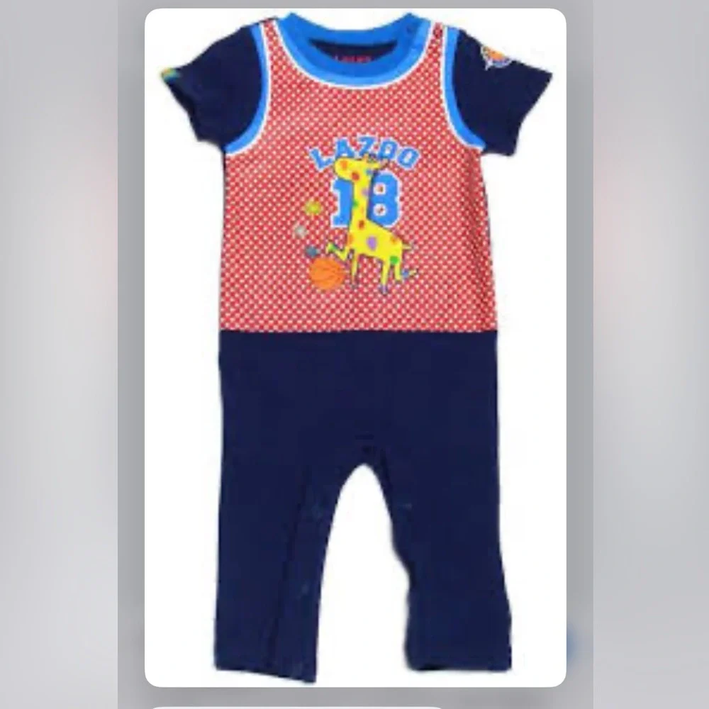 LAZOO Infant Boys Red and Blue Giraffe Bodysuit Romper Like New Size:18M